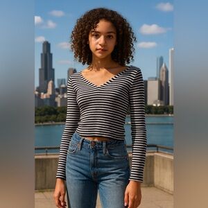 NWOT Forever 21 Striped Black and White V-Neck Women's Top